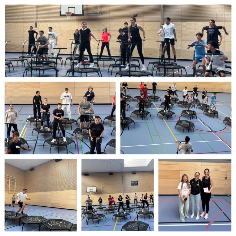 Fotocollage mit Fotos aus der Sporthalle, Schülerinnen und Schüler testen die neuen Trampoline